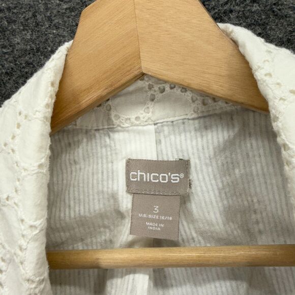 Chico's Jacket Women 3 White Striped Collared 3/4 Sleeve Open Front Cotton - Picture 3 of 8